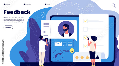 Feedback rating concept. Online customers product review, mobile survey. Client satisfaction rate. Vector landing page design. Feedback rating review, customer service online illustration