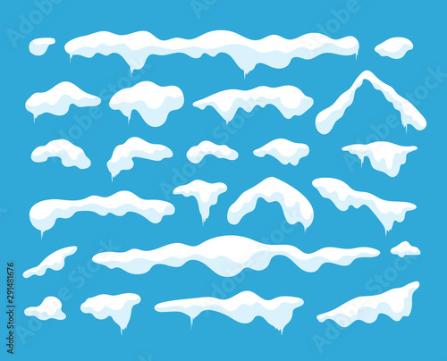 Snow caps. Snowdrifts and icicles, ice cap winter decoration. Snowy frames Vector isolated christmas and New Year elements. Snowy effect and top snowcap for design