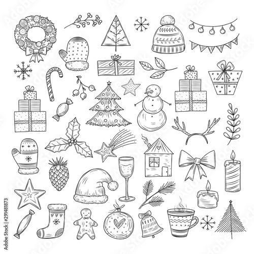 Christmas doodle set. Sketch christmas wreath, fir-tree and snowman, candles. Candies, santa hat and gift boxes vector isolated set. Illustration merry christmas doodle, holiday tree decoration