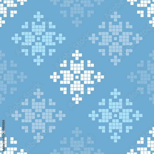 Seamless vector background with Norwegian snowflakes. Pixel snowflakes. Merry Christmas! Winter pattern. Can be used for wallpaper, textile, invitation card, wrapping, web page background.