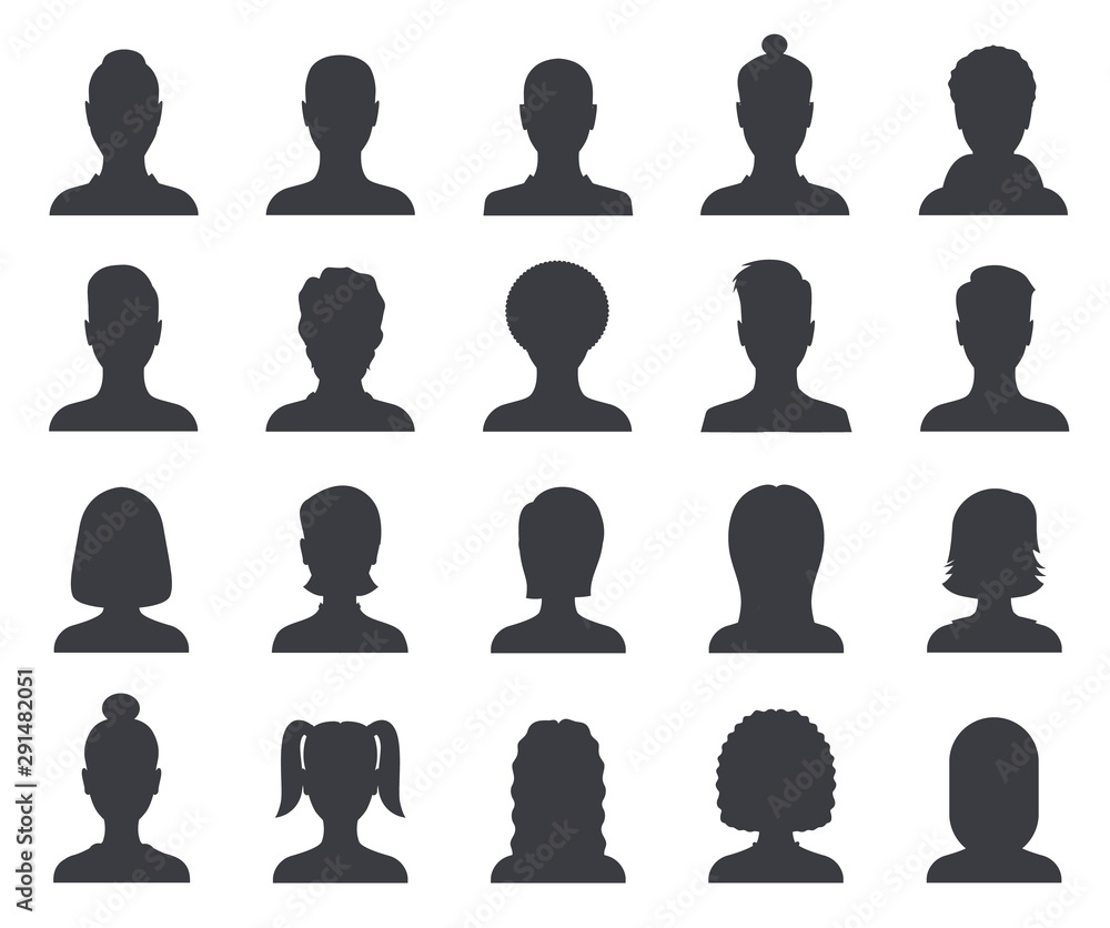 Silhouette avatar. Male and female head outline avatars, profile icons. People portraits vector set. Illustration people profile man and woman portrait Silhouette avatar. Male and female head outline avatars, profile icons. People portraits vector set. Illustration people profile man and woman portrait