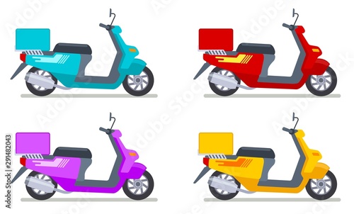 Color scooters set. Motorbike delivery vehicles. Detailed motorcycling transport isolated vector set. Motor transportation, motorcycle transport, scooter moped illustration