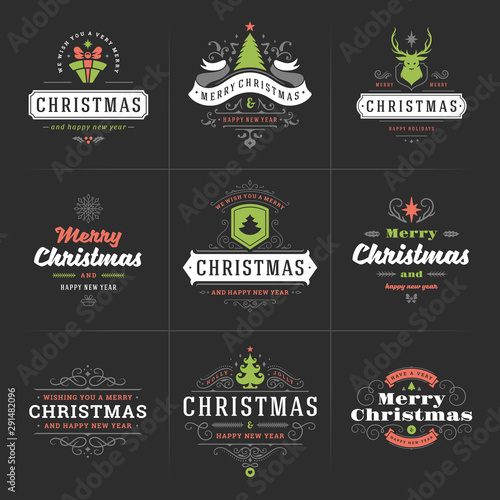 Merry Christmas vector ornate labels and badges set  happy new year and holidays wishes typography for greeting cards