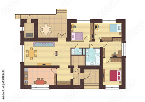 Architectural floor plan of a house. Drawing of the cottage with furniture arrangement. One-storey building. Vector illustration EPS10