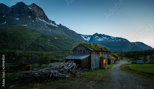 Innerdalshytta tourist shelter after dusk. Trollheimen National Park in Norway.