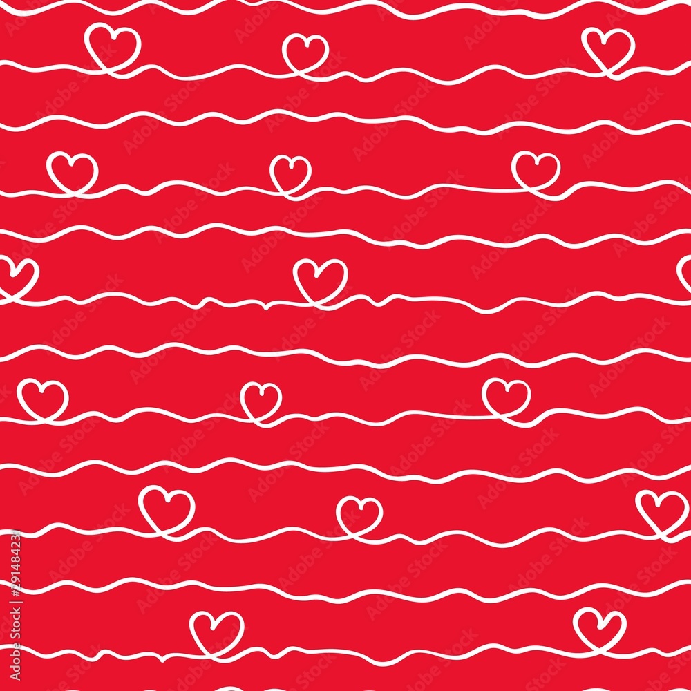 Abstract vector seamless pattern of hand drawn scribble and hearts. Ornament of white doodles hearts on red background. Endless ornament for Valentines day, love background, wrapping, print, textile. Abstract vector seamless pattern of hand drawn scribble and hearts. Ornament of white doodles hearts on red background. Endless ornament for Valentines day, love background, wrapping, print, textile.