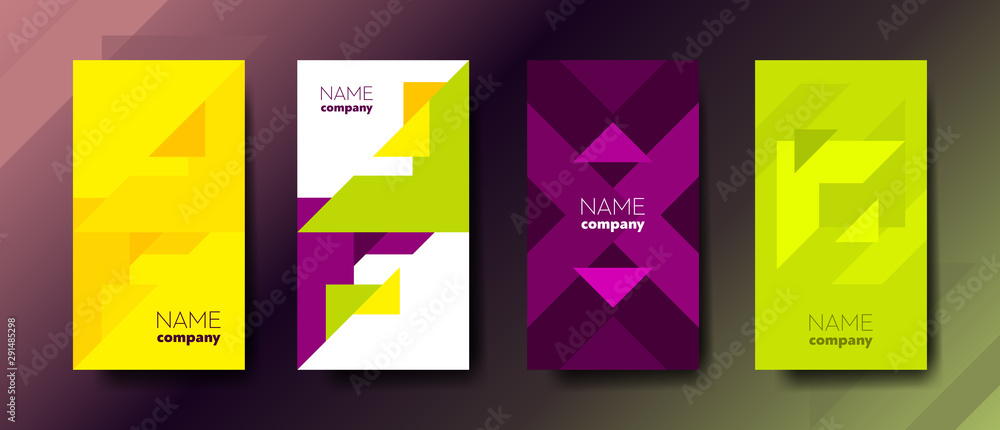 Set of four color vertical abstract business cards with graphic elements and text. 