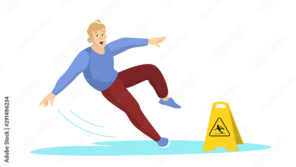 Man falling on the wet floor. Caution sign, warning