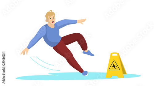 Man falling on the wet floor. Caution sign, warning