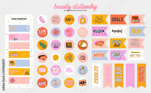 Collection of weekly or daily planner, note paper, to do list, stickers templates decorated by cute beauty cosmetic illustrations and trendy lettering. Trendy scheduler or organizer. Flat vector