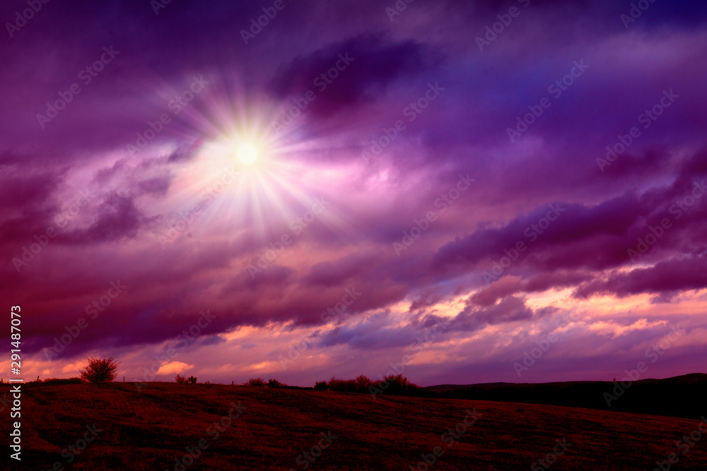 Beautiful sunset landscape with lilac sky and dramatik clouds Nature landscape. - obrazy, fototapety, plakaty 