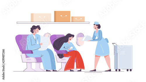 Woman and man in the airplane, stewardess serving food