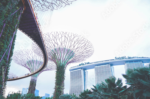 SINGAPORE - J15 September 2019: Walkway at The Supertree Grove at Gardens by the Bay in Singapore near Marina Bay Sands hotel at summer night. photo