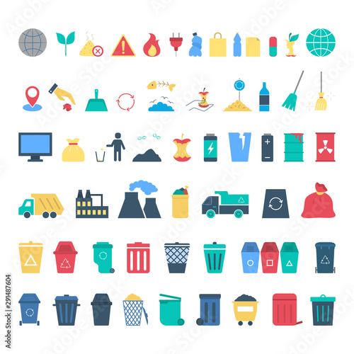 Garbage icon set. Collection of plastic, paper and glass waste