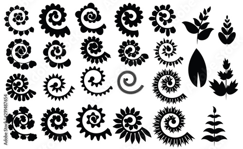 Set rolled flowers. Collection rolled paper flower. Black white vector illustration for scrapbooking. Plotter cutting for paper.