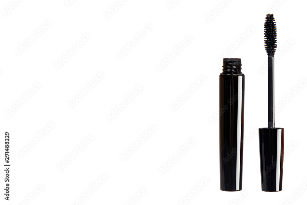 Black mascara, eye makeup brush. Isolated background Black mascara, eye makeup brush. Isolated background