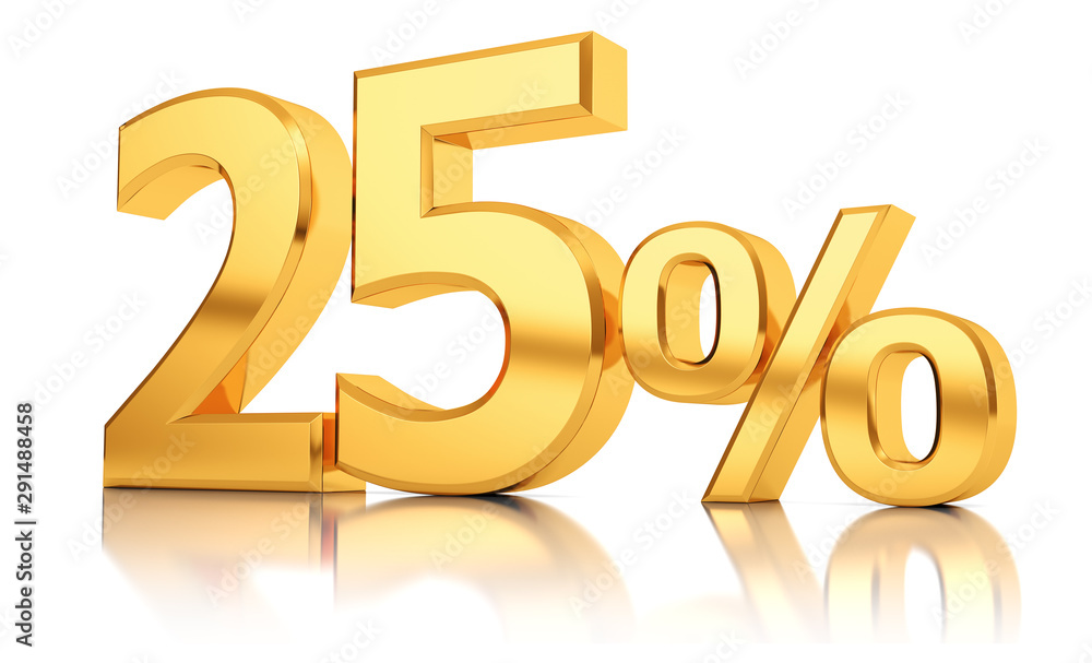 3d render illustration. Gold twenty five percent on a white background. 3d render illustration. Gold twenty five percent on a white background.