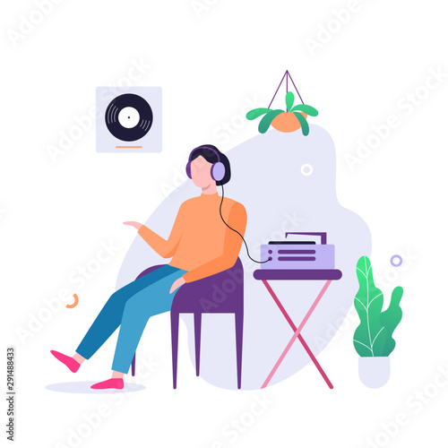 Man listen to the music in headphones