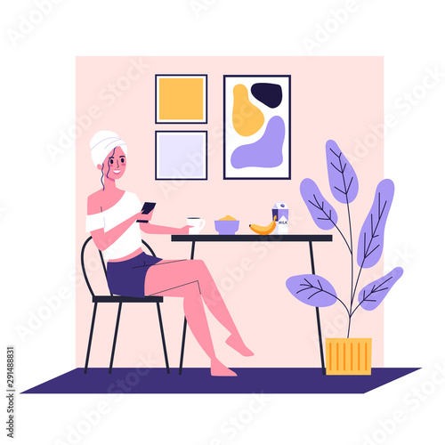 Woman having breakfast early in the morning