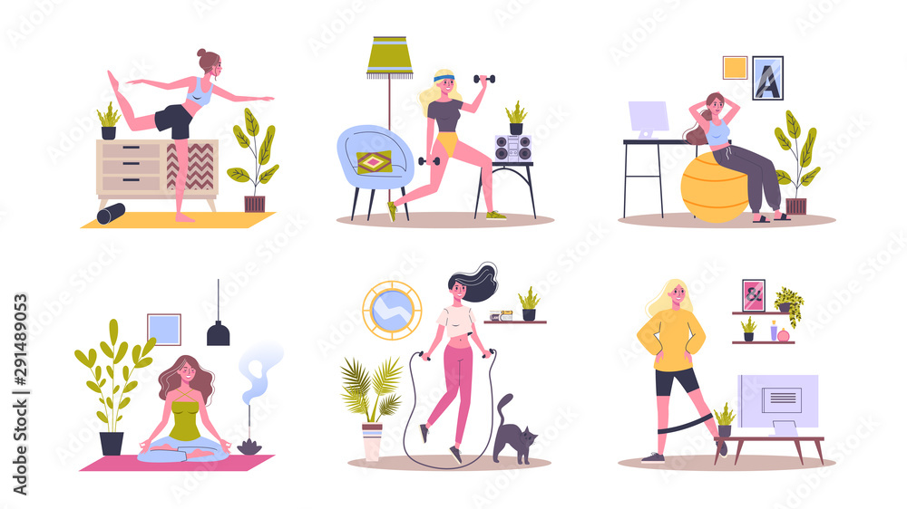 Sport exercise at home set. Woman doing workout indoor