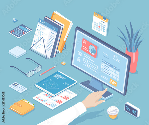 Online tax payment via computer. Monitor with tax form on the screen. Man finger presses the pay button. Internet banking concept. Online paying Bookkeeping Accounting Isometric 3d vector illustration