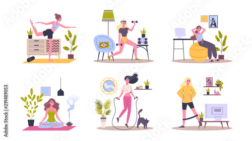 Sport exercise at home set. Woman doing workout indoor