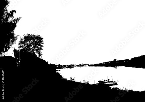 Black river panorama silhouette. Card with copy space. Isolated on white background. Vector nature illustration