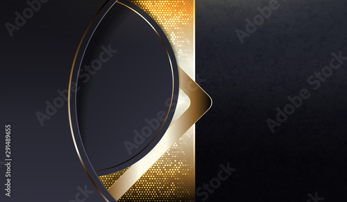 Abstract dark textural background with a round frame, a rectangular frame with shiny mosaic and a gold arrow