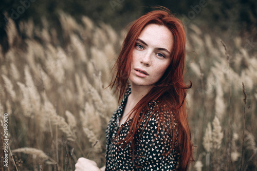 Close up portrait of young ginger sensual pretty caucasian lovely girl with freckled face in autumn field with long hair. Beauty, sexuality, red headed girl, natural beauty, no make up concept