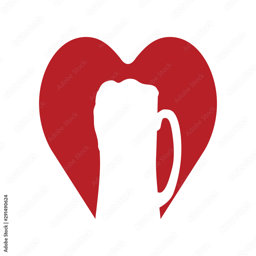 love beer. Beer mug in red heart. Abstract concept, icon. Vector illustration on white background. love beer. Beer mug in red heart. Abstract concept, icon. Vector illustration on white background.
