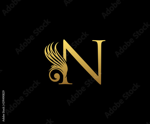 Classy Gold Letter N Logo Icon . Initial Letter N Design Vector Luxury Gold Color.Print monogram initials stamp line art sign symbol.