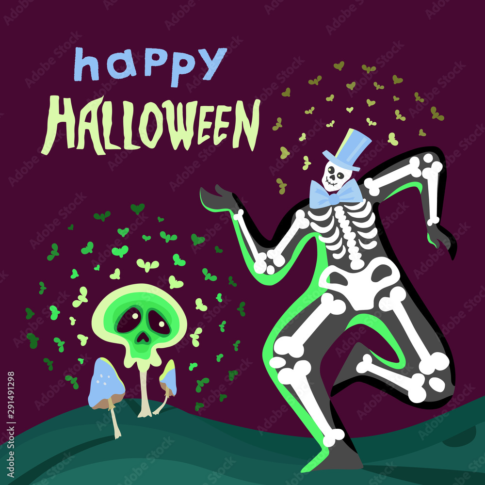 Funny dancing skeleton with lettering. Halloween greeting card, costume party. Hand drawn flat vector character