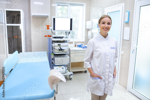 Welcoming doctor in ultrasound room stock photo