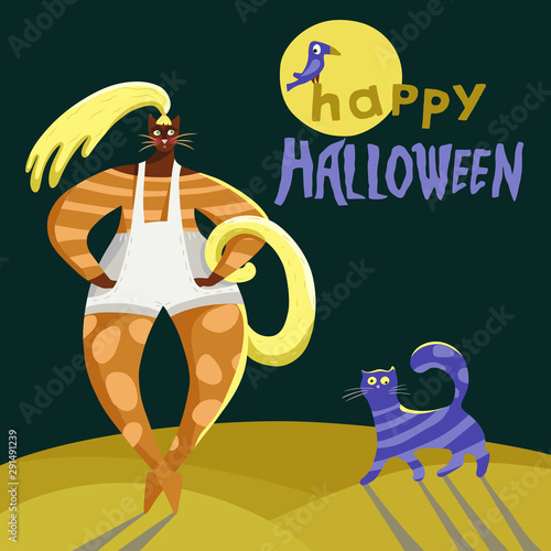 Funny dancing cat girl with lettering. Halloween greeting card, costume party. Hand drawn flat vector character