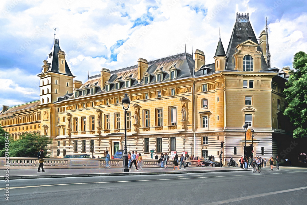 Obraz premium Conciergerie castle (Palace of Justice) from the side of the Saint-Michel bridge. Paris. Drawing.