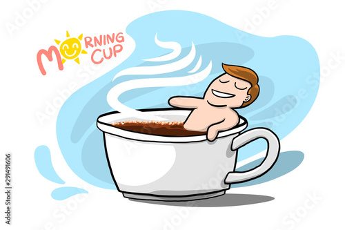Morning coffee cup, conceptual of digital art drawing vector illustration about caffeine addiction man who bath his love espresso.