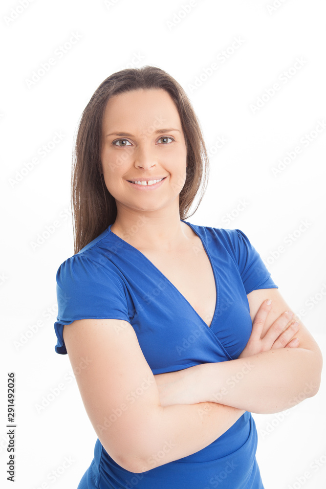 business woman wearing blue with arms folded business woman wearing blue with arms folded
