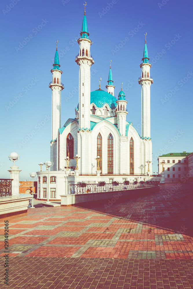 KAZAN, RUSSIA - SEPTEMBER 08, 2019: Kul Sharif Mosque is the main symbol of Kazan and touristic attraction. Kremlin, Kazan, Tatarstan, Russia.