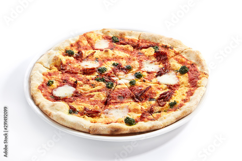 Focaccia with sun dried tomatoes and mozzarella closeup