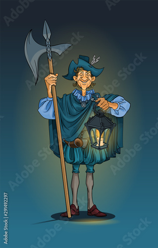 Cartoon character, historical guard with a lantern and halberd. Vector illustration.