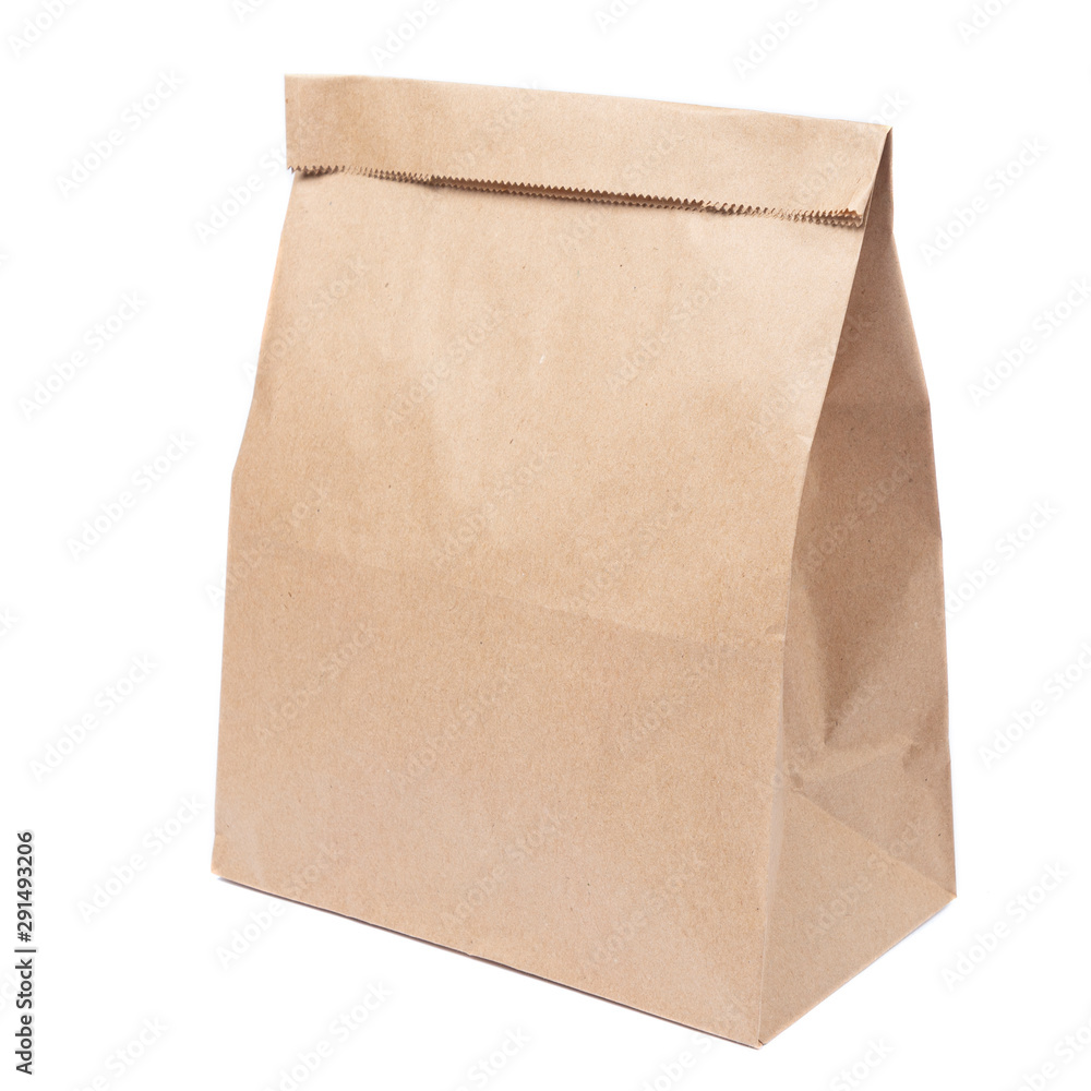 Mock-up of Recycled blank kraft paper shopping bag for lunch or food or purchases on white isolated background Mock-up of Recycled blank kraft paper shopping bag for lunch or food or purchases on white isolated background