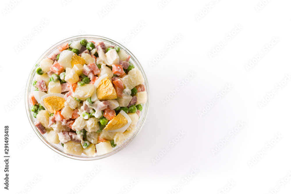 Traditional Russian salad in bowl. Olivier salad isolated on white background. Top view. Copy space Traditional Russian salad in bowl. Olivier salad isolated on white background. Top view. Copy space