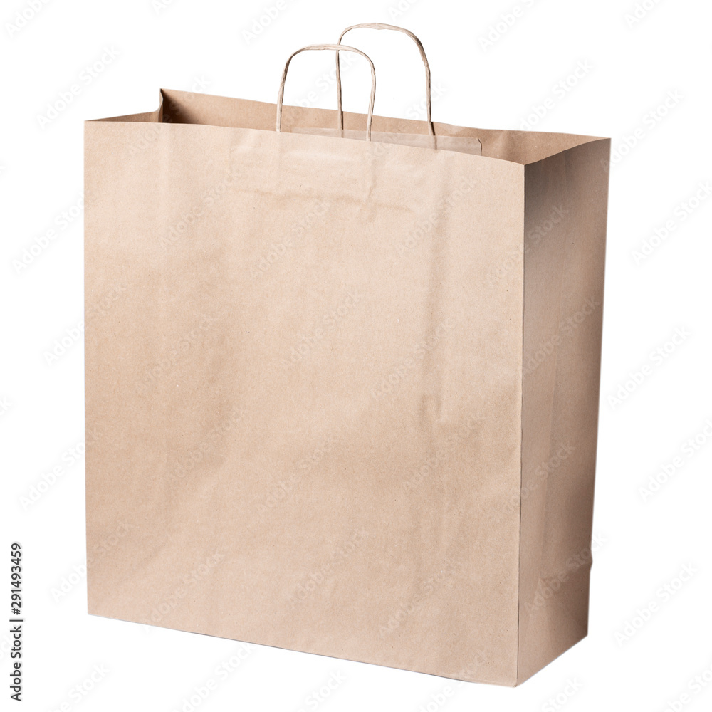 Mock-up of Recycled blank kraft paper shopping bag for lunch or food or purchases with handles on white isolated background Mock-up of Recycled blank kraft paper shopping bag for lunch or food or purchases with handles on white isolated background