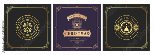 Christmas square banners vintage typographic design, ornate decorations symbols vector illustration