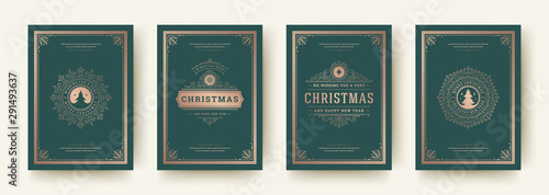 Christmas greeting cards vintage design, ornate decoration symbols and winter holidays wishes vector illustration