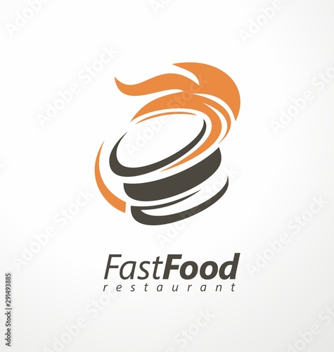 Burger logo for fast food restaurant. Burger with flames creative symbol template. Vector burger icon illustration.