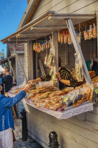 Obraz na płótnie trade in herbs and mixtures of spices packed in bags, street sale of local spices at the fair w salonie