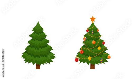 Christmas tree with lights and presents. Fir tree before and after decoration. Colorful cartoon noel holiday vector illustration.