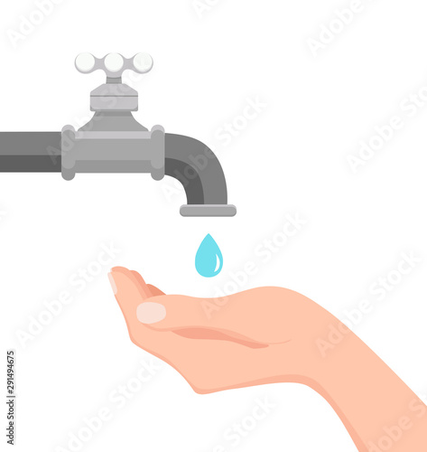Vector illustration of faucet and hand holding a falling drop of water.