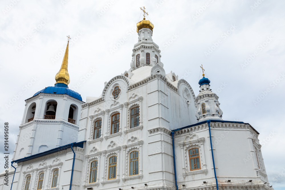 ULAN UDE, RUSSIA - SEPTEMBER 06, 2019: Cathedral of Our Lady of Smolensk or Odigitrievsky Cathedral in Ulan Ude, Russia.